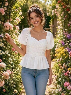 Entro White Eyelet Peplum Top with Smocked Back and Puff Sleeves